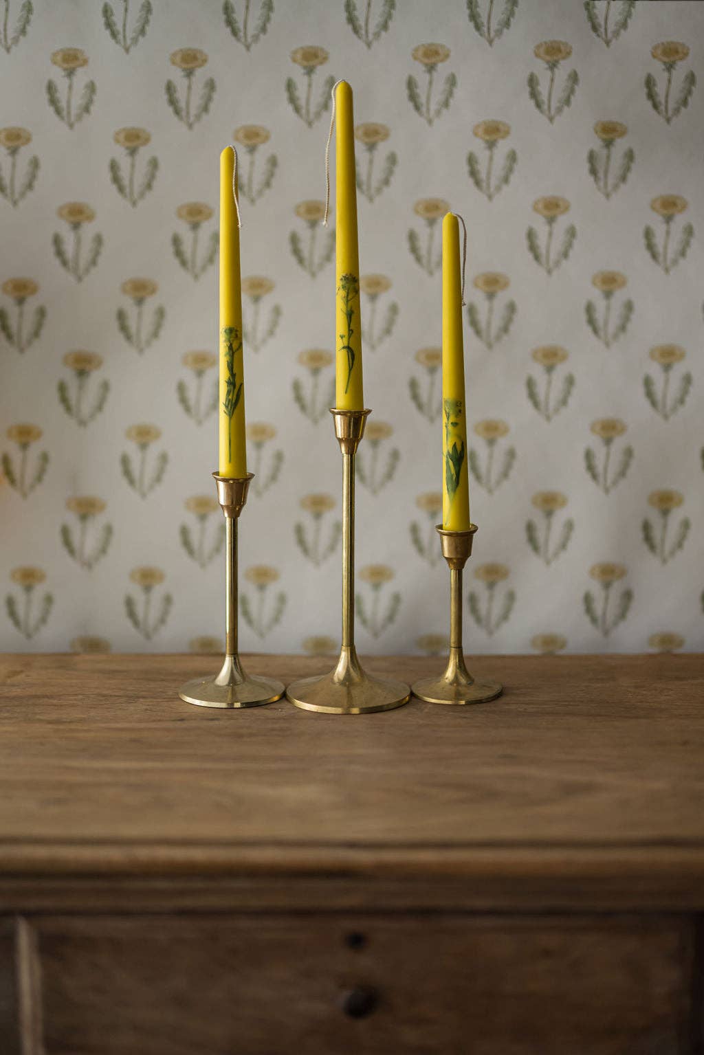 Floral Inlaid Tapered Candles in Yellow- Set of 3