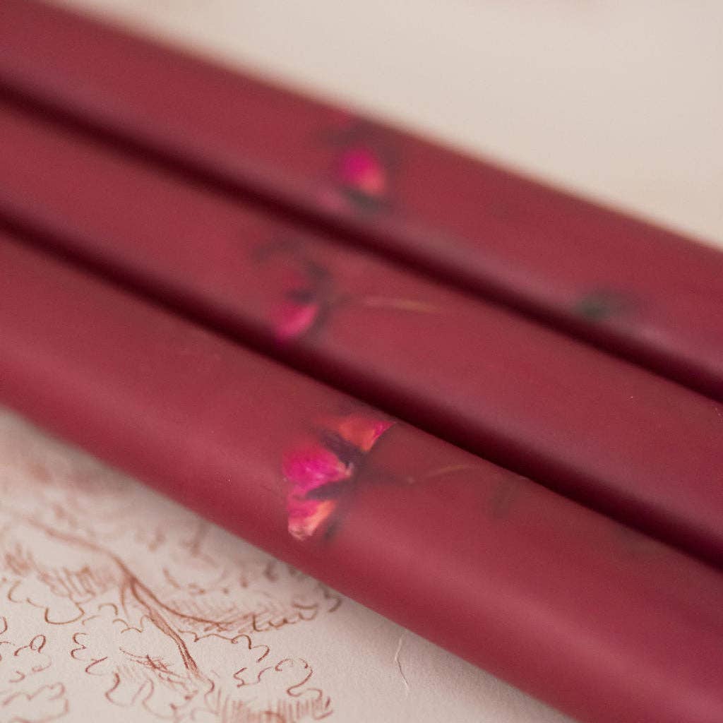 Floral Inlaid Tapered Candle in Burgundy - Set of 3