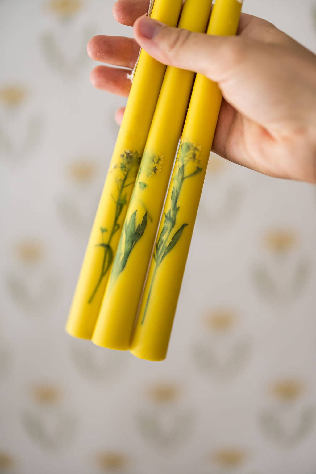 Floral Inlaid Tapered Candles in Yellow- Set of 3