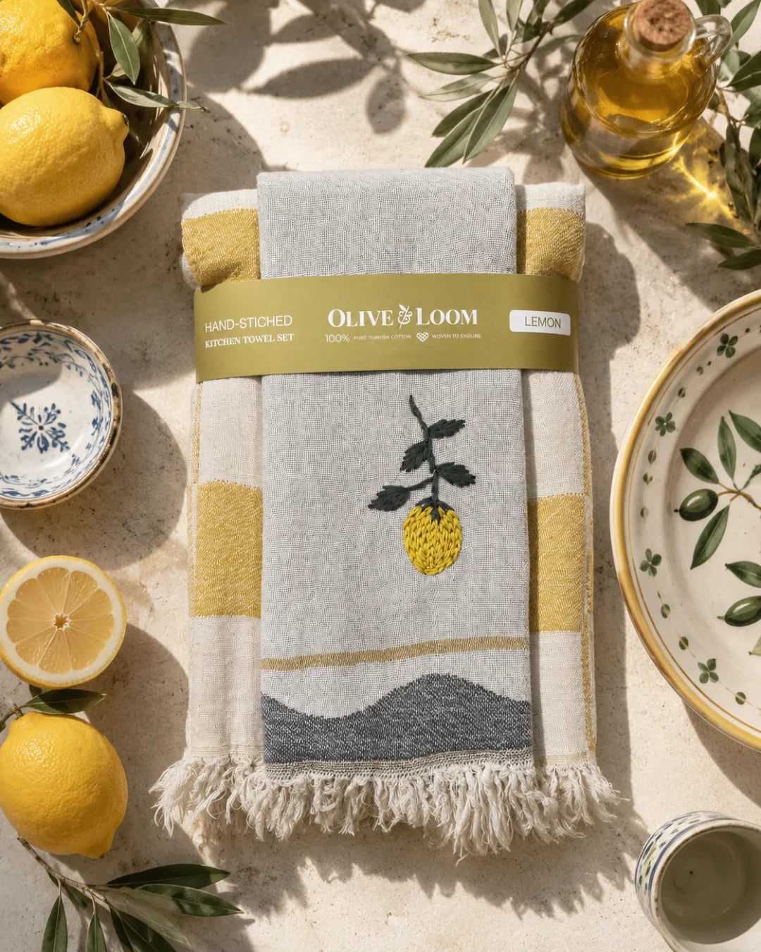 Lemon Hand-Stitched Kitchen Towel Set