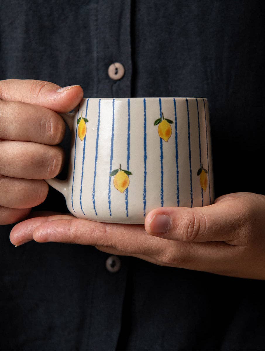Lemon Striped Ceramic Mug - 3.5 x 3 Inches