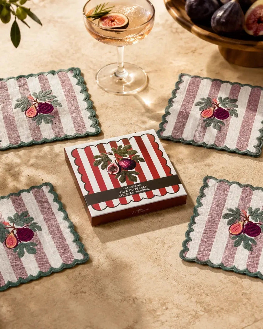 Fig & Olive Leaf Embroidered Cocktail Napkins