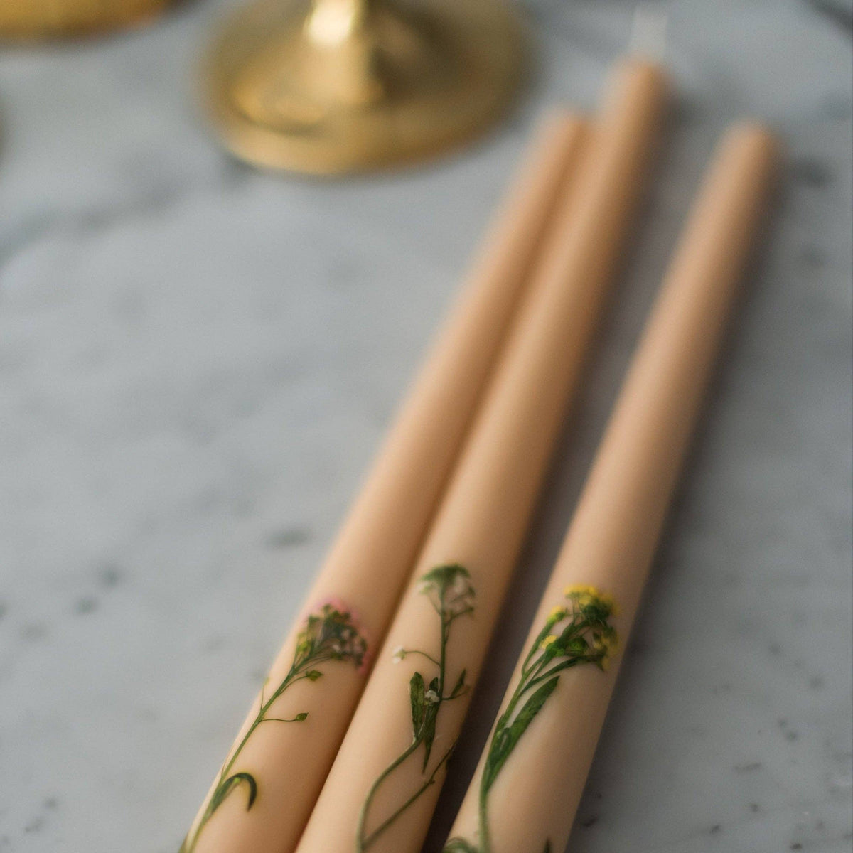 Floral Inlaid Tapered Candle in Cream - Set of 3