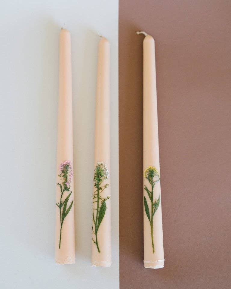 Floral Inlaid Tapered Candle in Cream - Set of 3