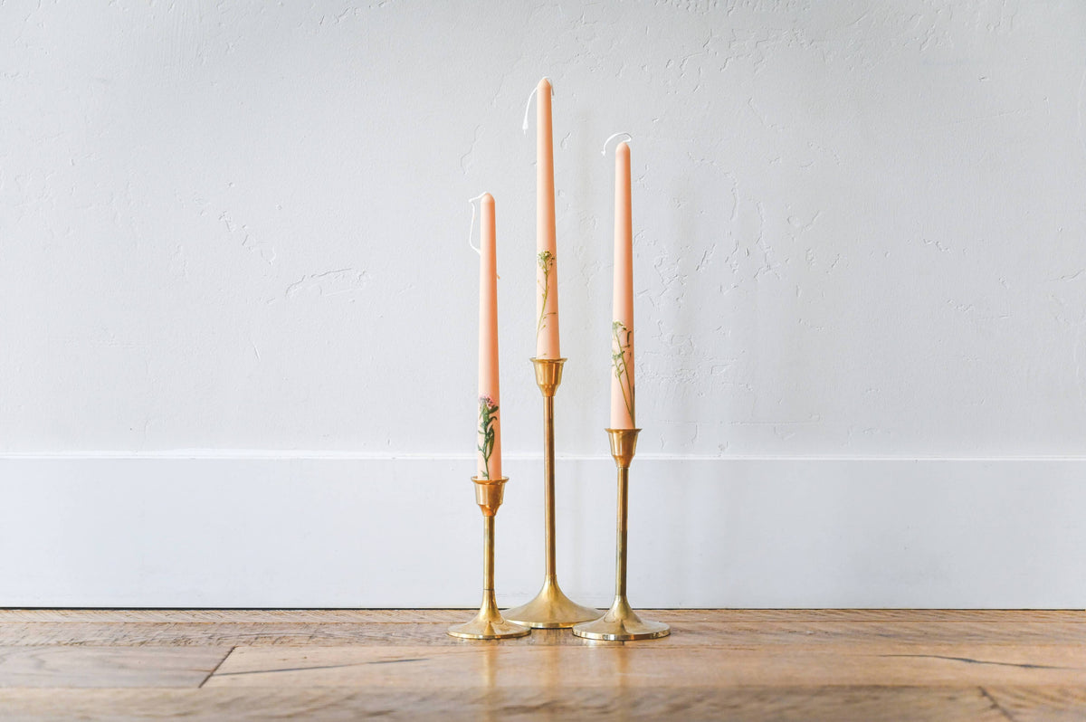 Floral Inlaid Tapered Candle in Cream - Set of 3