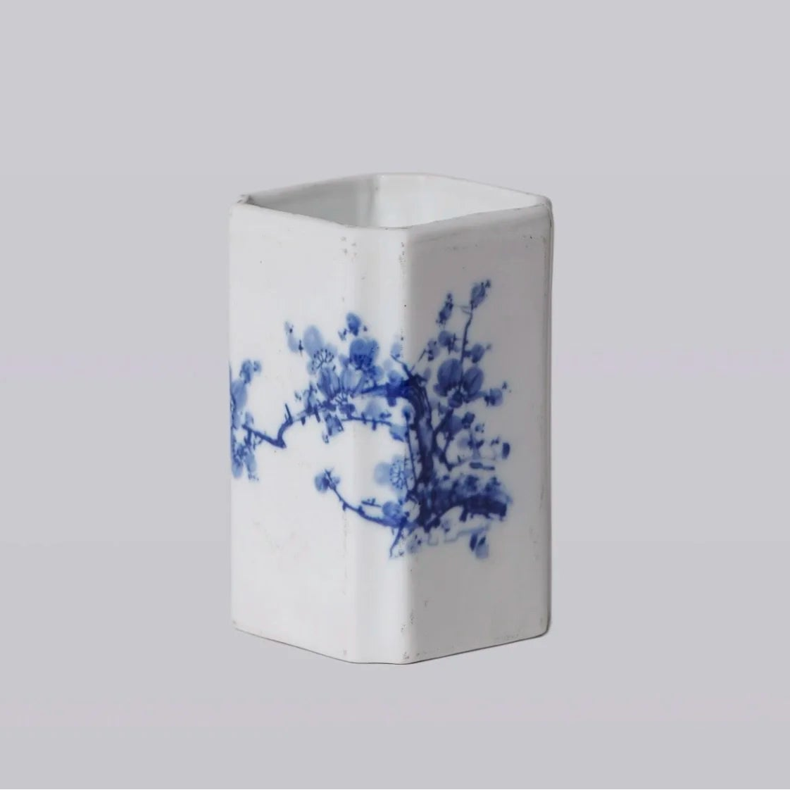 1920s Blue and White Porcelain Cherry Blossom Square Vase