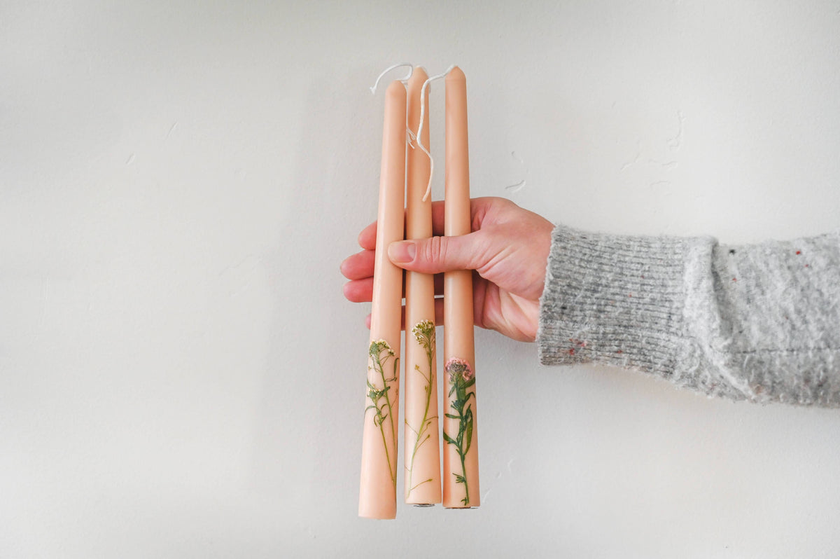 Floral Inlaid Tapered Candle in Cream - Set of 3
