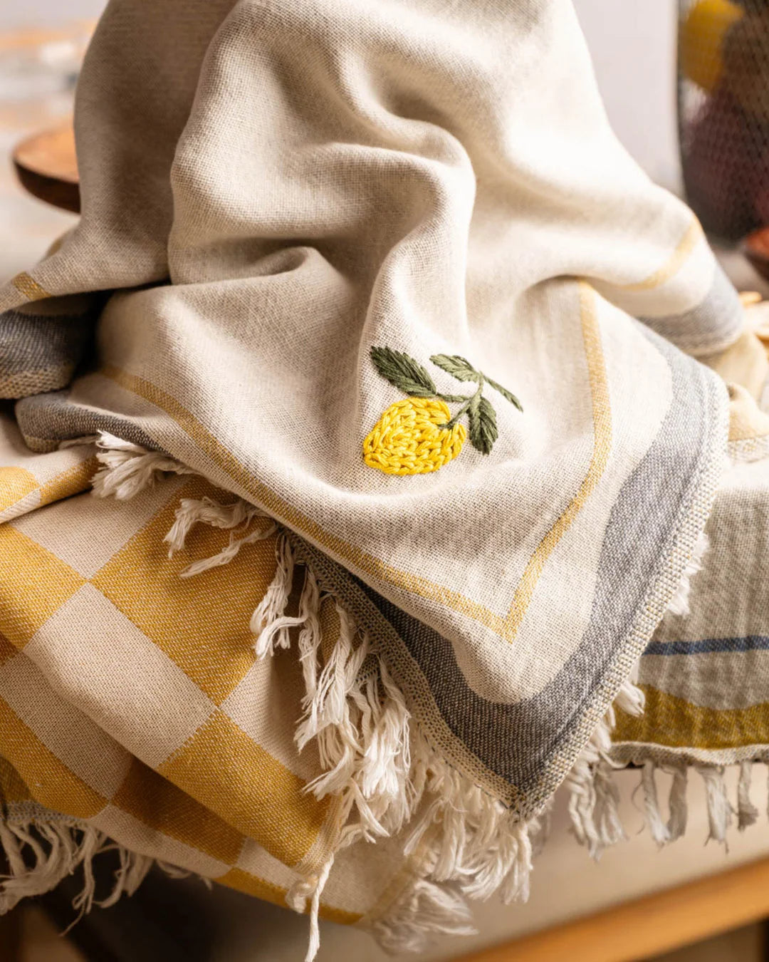 Lemon Hand-Stitched Kitchen Towel Set