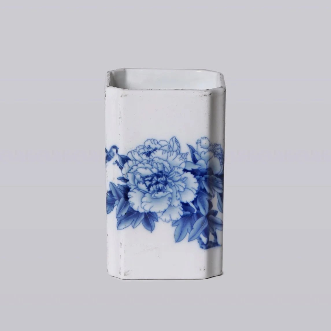 1920s Blue and White Porcelain Peony Square Vase
